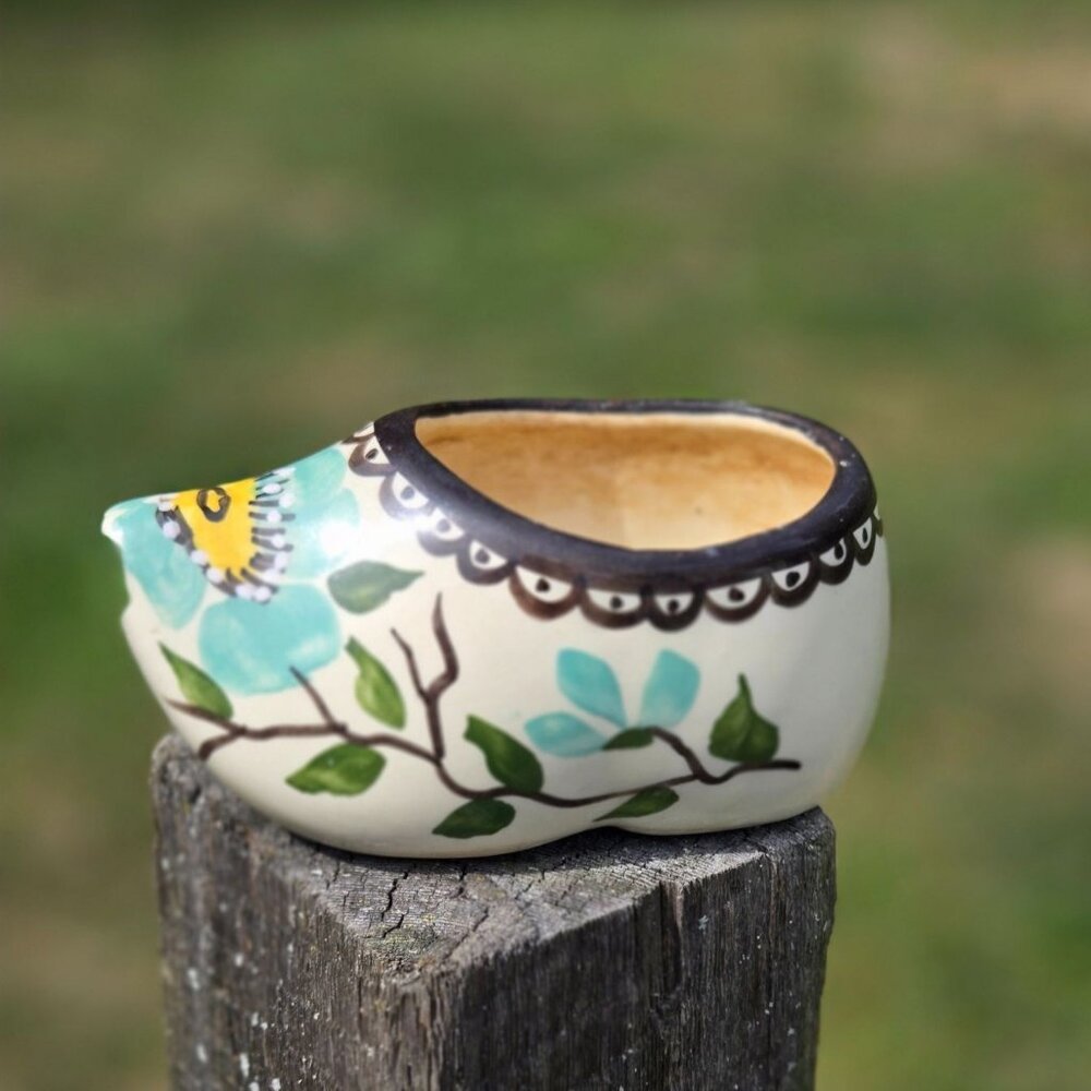Vintage Hand Painted Dutch Clog Planter Ceramic Shoe Planter with Floral Design, - Picture 2 of 10
